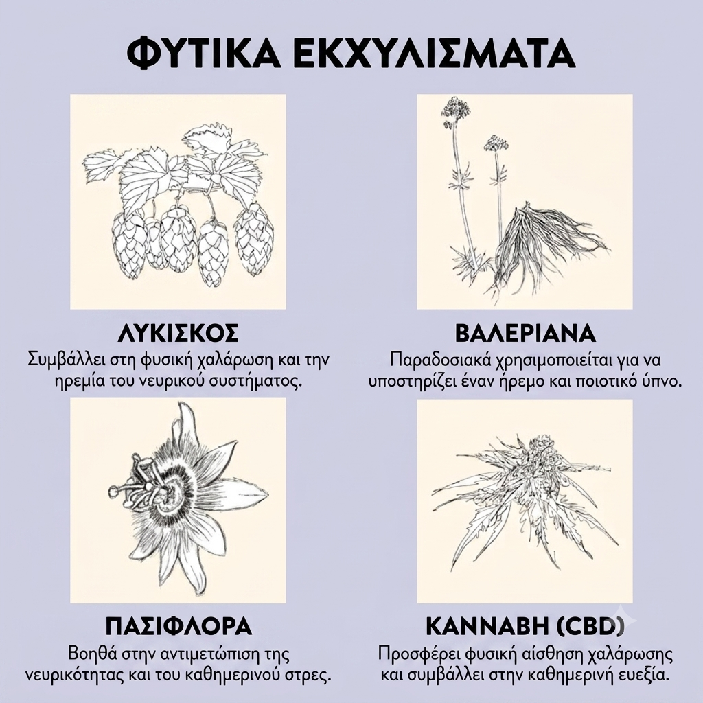 Φυσικά συστατικά για ύπνο - βαλεριάνα λυκίσκος πασιφλόρα CBD για αϋπνία KLORIS`